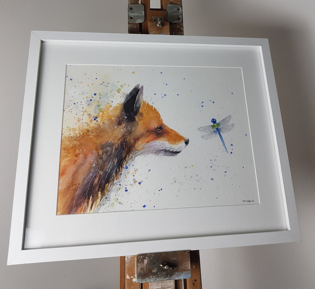 Original Fox & Dragonfly Watercolour 'Rusty & Blue' - 16.5" x 12" #3021 - SkinnyDaz Art, Design & Illustration